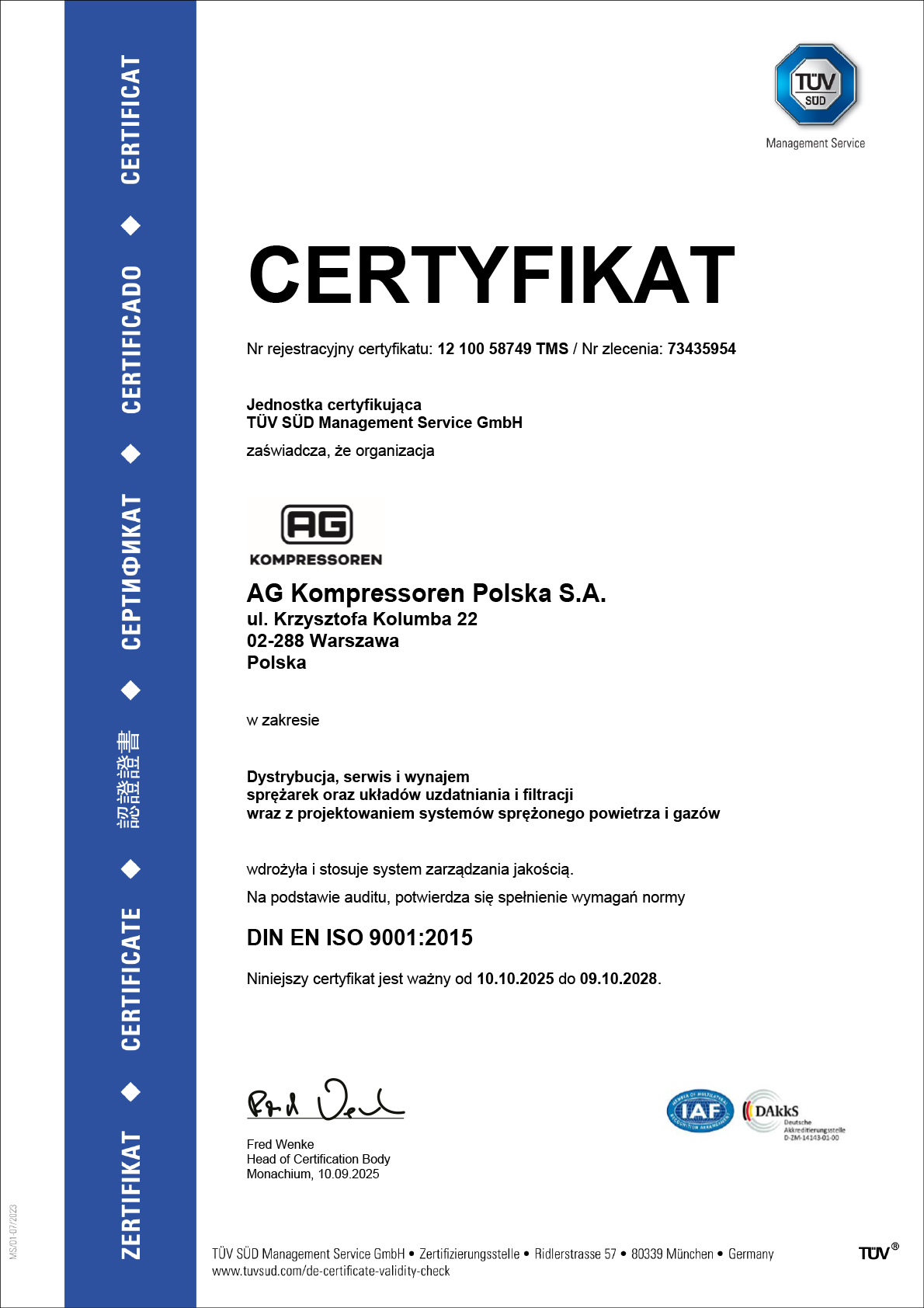 Certyfikat AG Kompressoren Polska S.A.