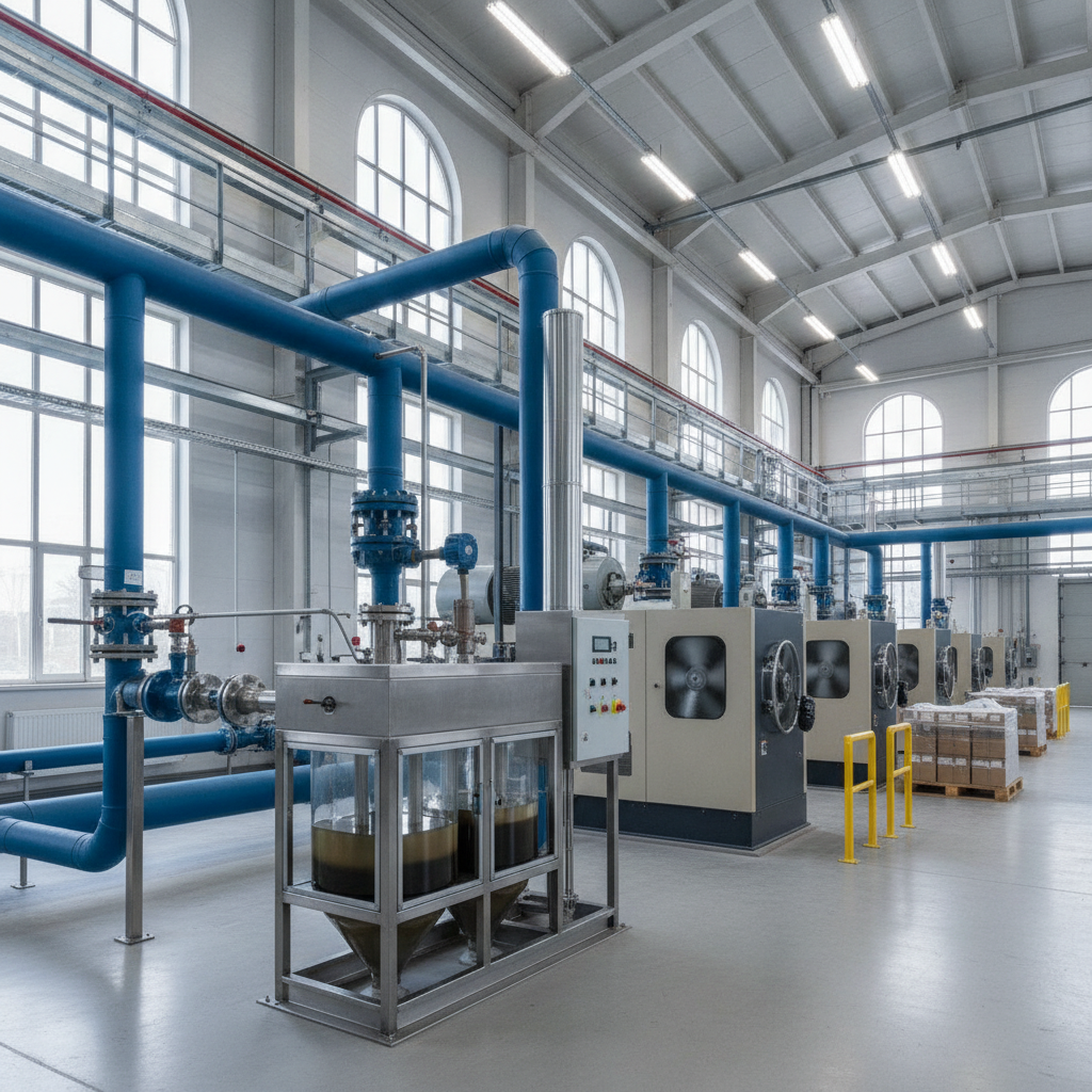 Przemysłowy separator wodno-olejowy podłączony do rur w instalacji sprężonego powietrza.